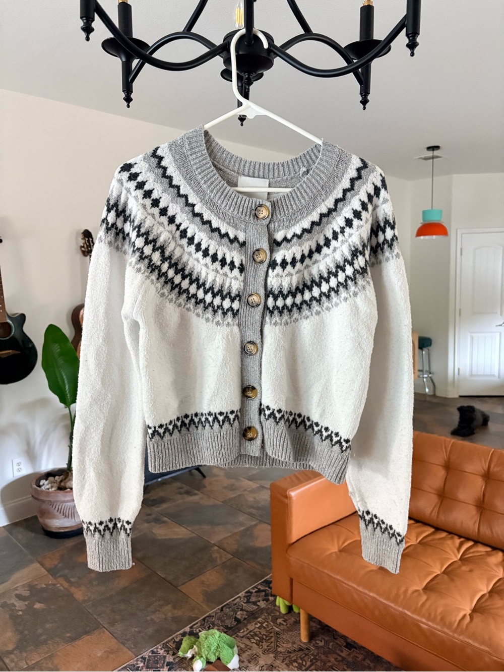 Pink Rose Black White Grey Fair Isle Soft Knit Cardigan